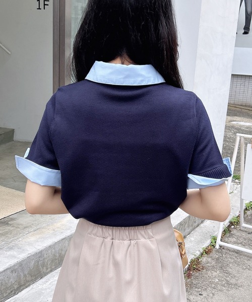春夏爽やかカラー♡バーバリー　ワンポイント刺繍半袖ニットセーター　くすみブルー 春夏爽やかカラー♡バーバリー ワンポイント刺繍半袖ニット