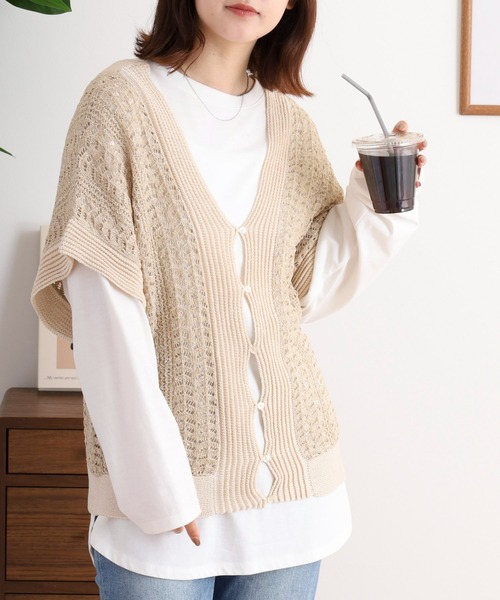 ベスト ジレ 透かし編みラメニットベスト レディース