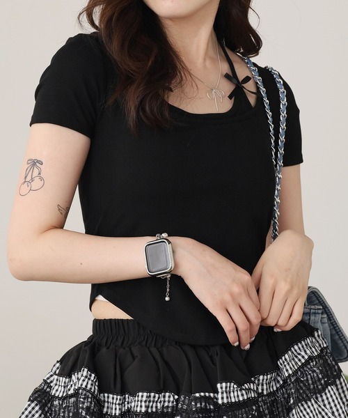 新品タグ付き｜FitパッドRIBスクエアドレス　S ブラック ROOP TOKYO tシャツ Square Neck Top with Cups / カップ付き