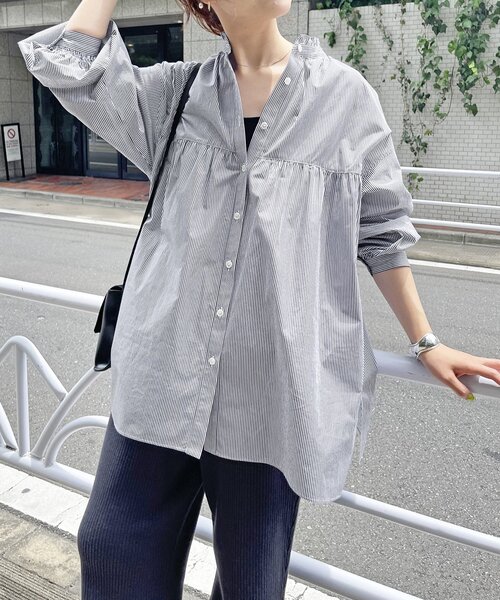 フレームワークスspick&span　新品 緑と白のストライプリネン 長袖シャツ c0154 スピックアンドスパン リネンシャツ spick and span 長袖