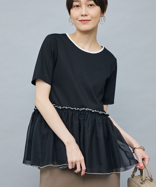 tシャツ ポンチ×オーガンジーペプラムプルオーバーカットソー レディース