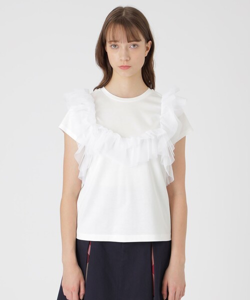 tシャツ コットンライトポンチフリルチュールカットソー レディース