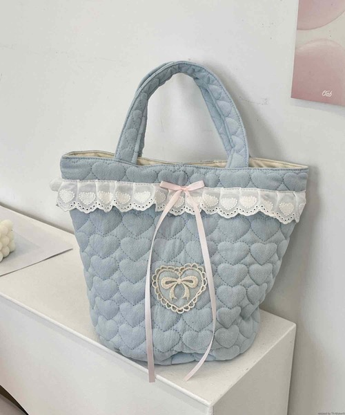 フィッシュレースキルティングバッグ レースレディース Lace Ladies リボン付きシワキルティングトート