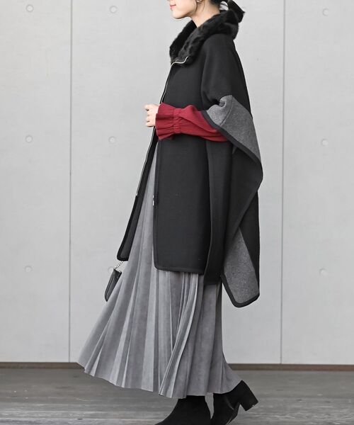 r・p・s（アールピーエス） ポンチョ フェイクファーネック配色