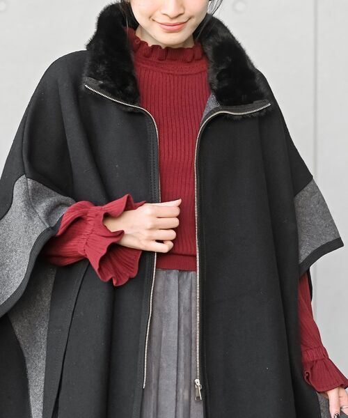 r・p・s（アールピーエス） ポンチョ フェイクファーネック配色