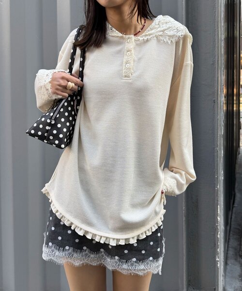 CIAOPANIC（チャオパニック） tシャツ レースフードワッフルロンTee