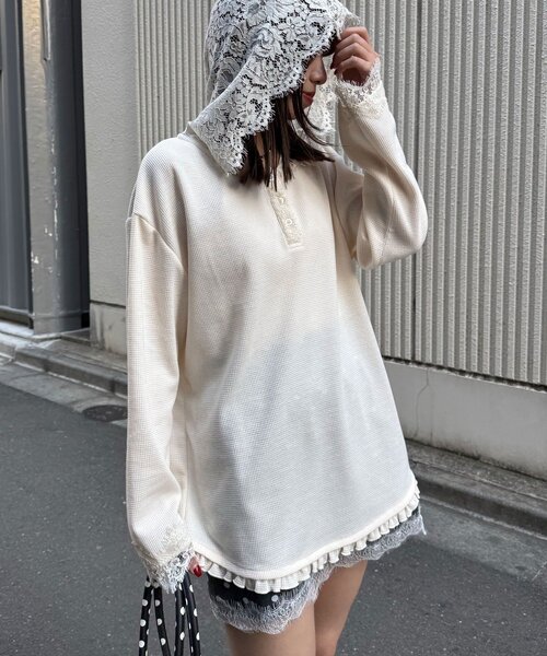 CIAOPANIC（チャオパニック） tシャツ レースフードワッフルロンTee