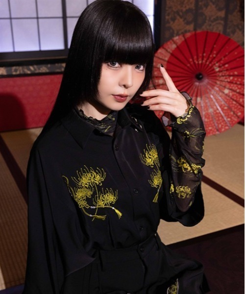 REZEN 彼岸花刺繍半袖シャツ　彼岸花レイヤード袴パンツ　真紅　上下セット REZEN（リゼン） シャツ 彼岸花刺繍半袖シャツ メンズ : ZOZOTOWN