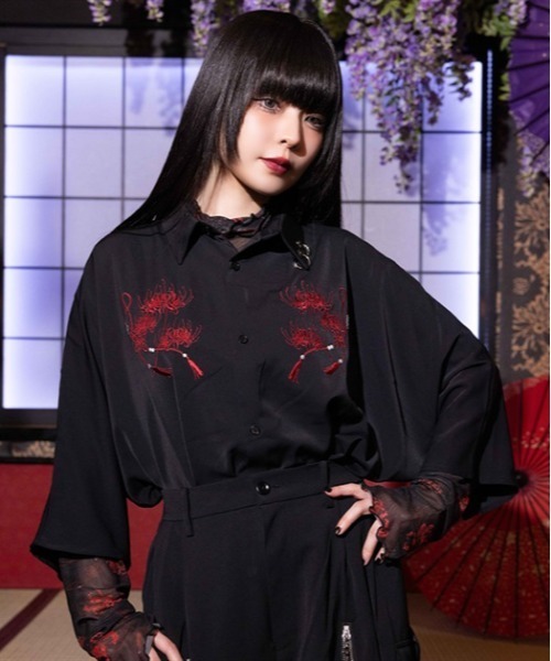 REZEN 彼岸花刺繍半袖シャツ　彼岸花レイヤード袴パンツ　真紅　上下セット REZEN（リゼン） シャツ 彼岸花刺繍半袖シャツ メンズ : ZOZOTOWN