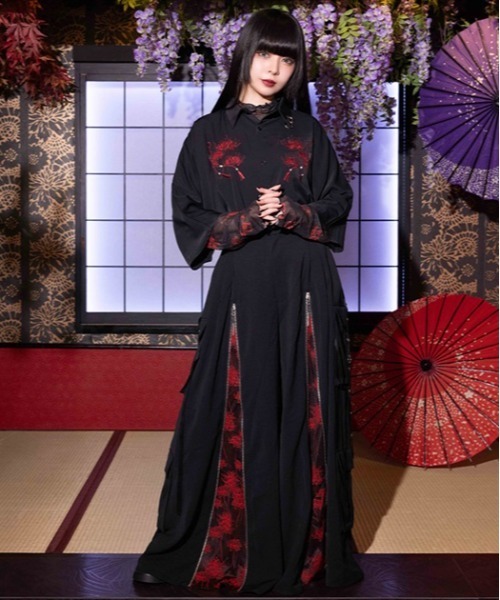 REZEN 彼岸花刺繍半袖シャツ　彼岸花レイヤード袴パンツ　真紅　上下セット REZEN（リゼン） シャツ 半袖 彼岸花刺繍半袖シャツ メンズ : ZOZOTOWN