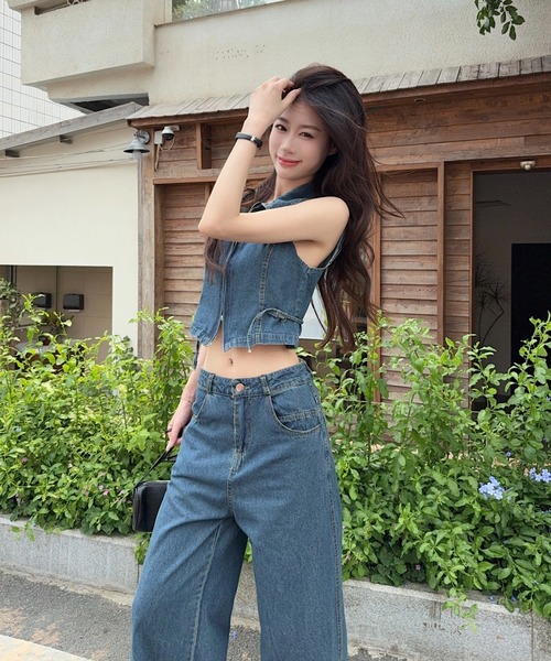 FAVORITO セットアップ デニムノースリーブトップスワイドパンツ
