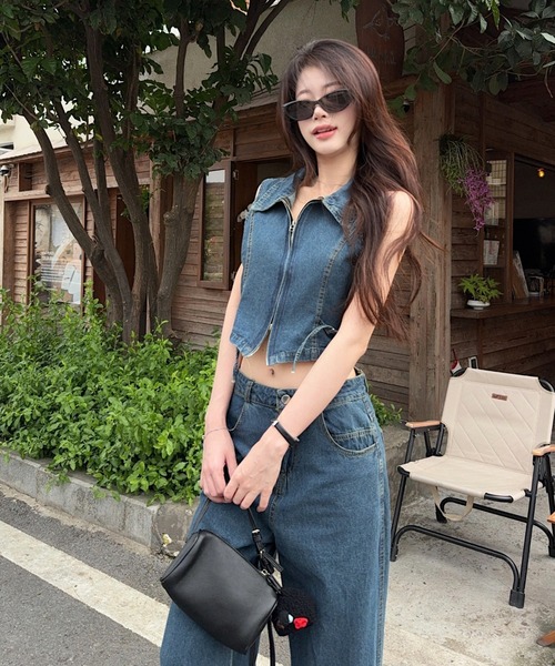 FAVORITO セットアップ デニムノースリーブトップスワイドパンツ