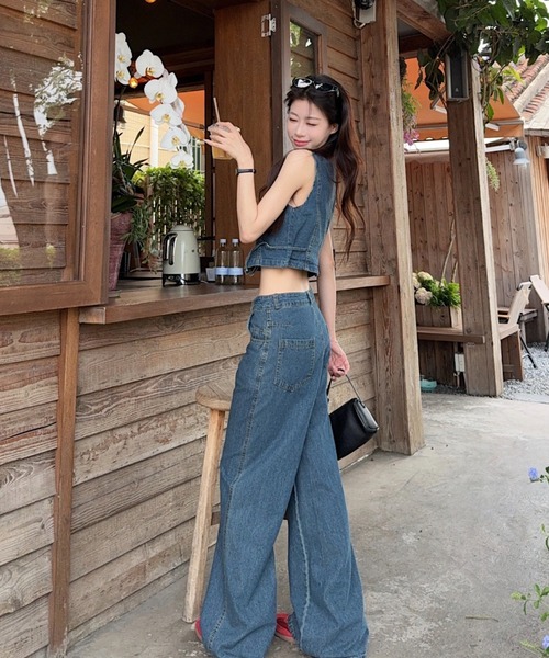 FAVORITO セットアップ デニムノースリーブトップスワイドパンツ