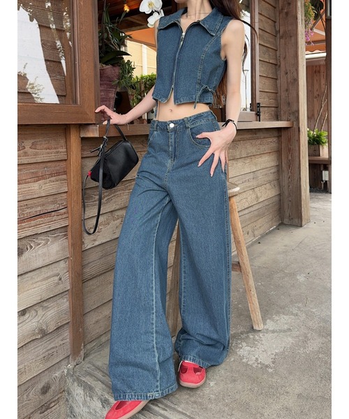 FAVORITO セットアップ デニムノースリーブトップスワイドパンツ
