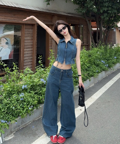 FAVORITO セットアップ デニムノースリーブトップスワイドパンツ