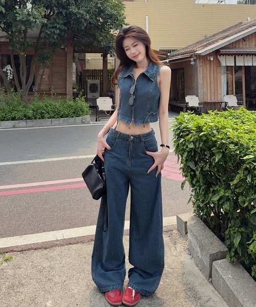 FAVORITO セットアップ デニムノースリーブトップスワイドパンツ