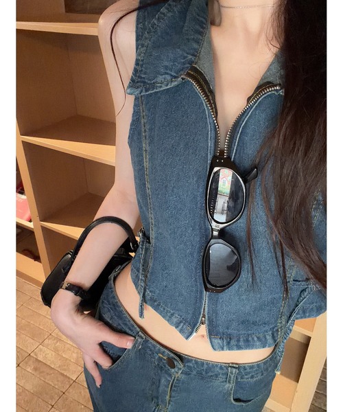 FAVORITO セットアップ デニムノースリーブトップスワイドパンツ