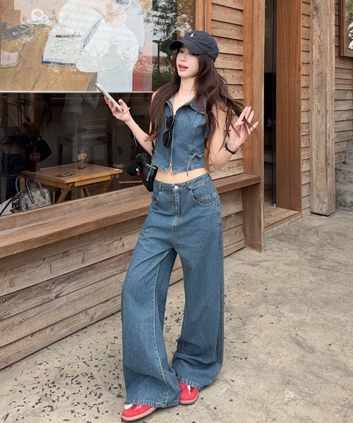 FAVORITO セットアップ デニムノースリーブトップスワイドパンツ