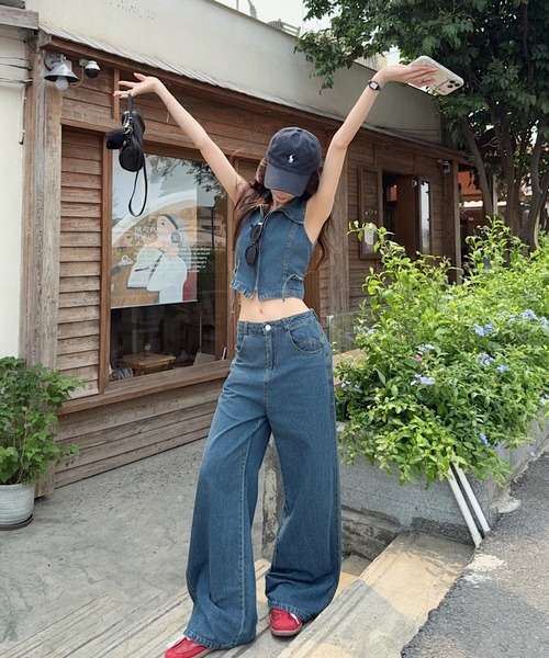 FAVORITO セットアップ デニムノースリーブトップスワイドパンツ