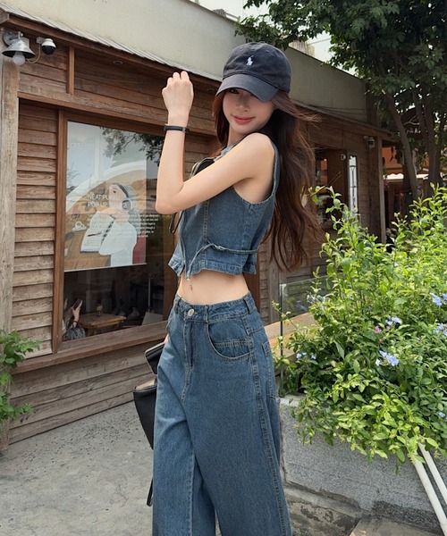 FAVORITO セットアップ デニムノースリーブトップスワイドパンツ
