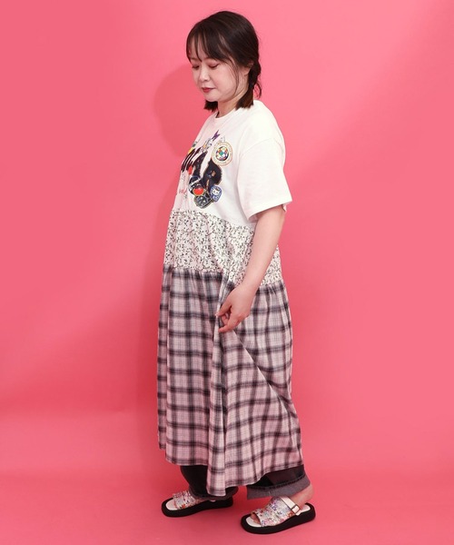 ScoLar（スカラー） ワンピース ポップロゴ×チェック×花柄 異素材切替