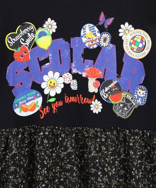 ScoLar（スカラー） ワンピース ポップロゴ×チェック×花柄 異素材切替