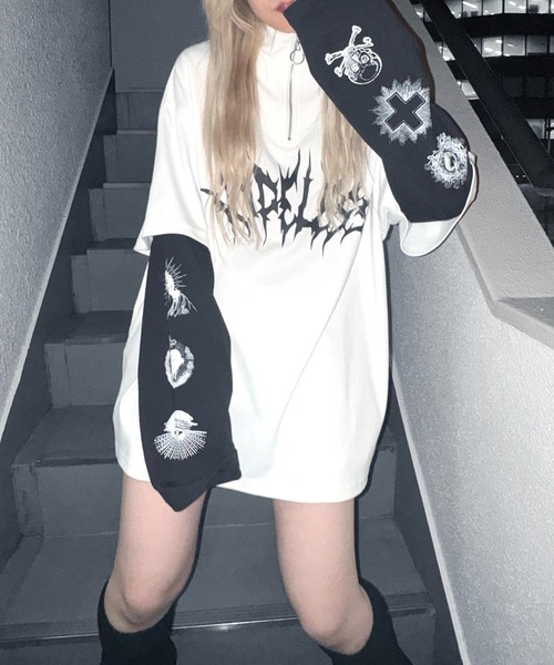 【MAROCORE SELECT】袖プリントフェイクレイヤードハーフジップロンT MAROCORE tシャツ 「MAROCORE SELECT」ボーダー / トライバル