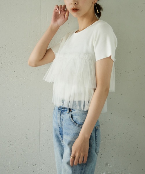 MUVEIL ミュベール フリル付き半袖ニット 楽天市場】【MUVEIL】 アーガイル刺繍カットソー ミュベール