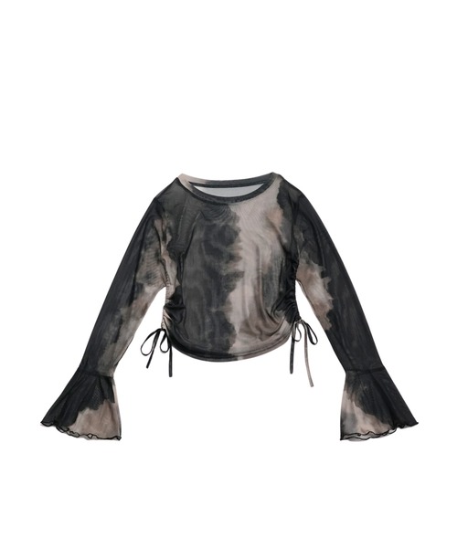 S286/美品 UN3D. シアープリーツカットソー シースルー 36 S 黒 Uenui tシャツ シースルートップス 長袖 シアートップス
