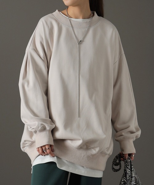 トレーナー スウェット different material tuck sleeve pullover レディース HUG.U トレーナー スウェット 袖タックトレーナー レディース