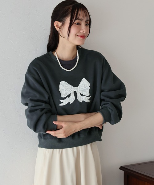 GNEMOAH リボン刺繍スウェット BLUEEAST トレーナー スウェット レースリボン刺繍スウェット