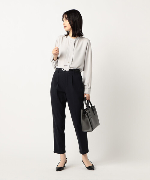 最終【美品】BACCA テーパード ウールパンツ ウエストゴム チャコールグレー パンツ 「美しいベーシックパンツ」裏起毛カルゼ テーパード