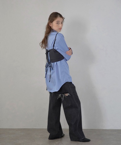 MINERTE キャミソール 「MINERTE」back ribbon pinstripe bustier