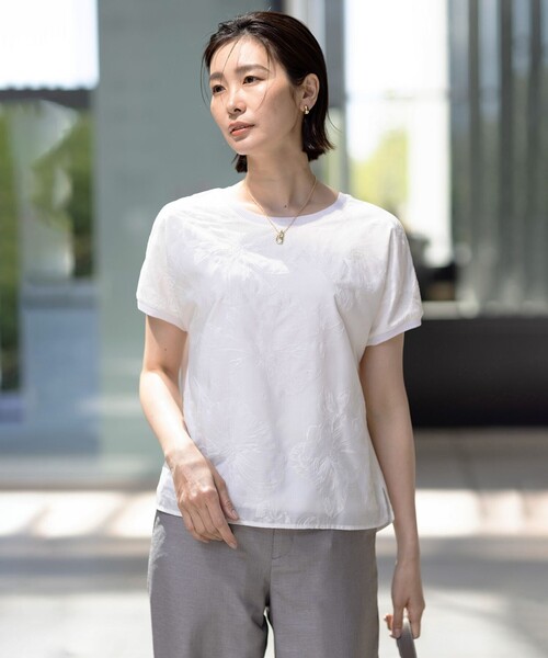 tシャツ 半袖 「洗える」シアーエンブロイダリー カットソー
