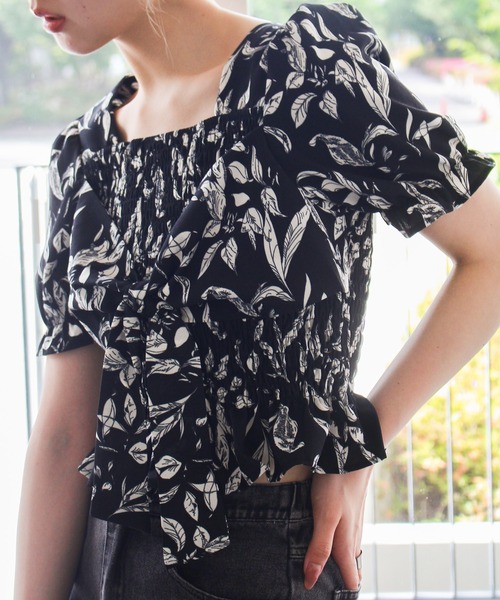 SpRay ブラウス シャツ 花柄シャーリングリボンショートスリーブ