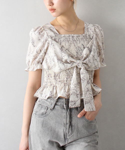 SpRay ブラウス シャツ 花柄シャーリングリボンショートスリーブ