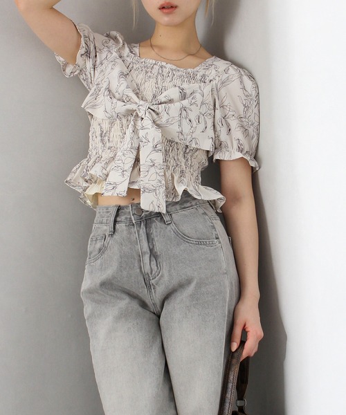 SpRay ブラウス シャツ 花柄シャーリングリボンショートスリーブ