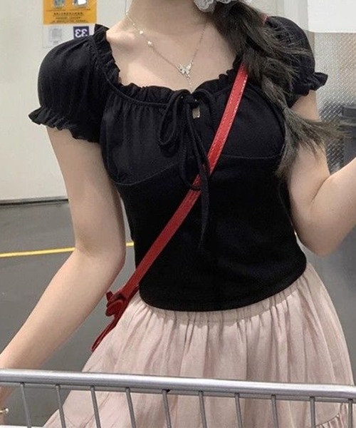 YUNAコラボ フリルパフスリーブトップス WESTSEA（ウエストシー） tシャツ スクエアネック リボン フリル