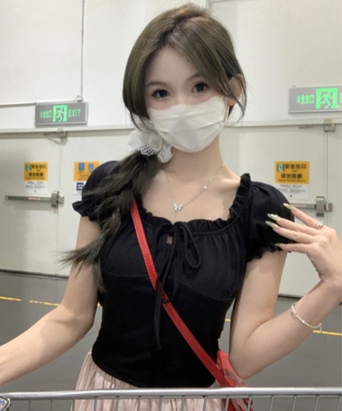 YUNAコラボ フリルパフスリーブトップス WESTSEA（ウエストシー） tシャツ スクエアネック リボン フリル