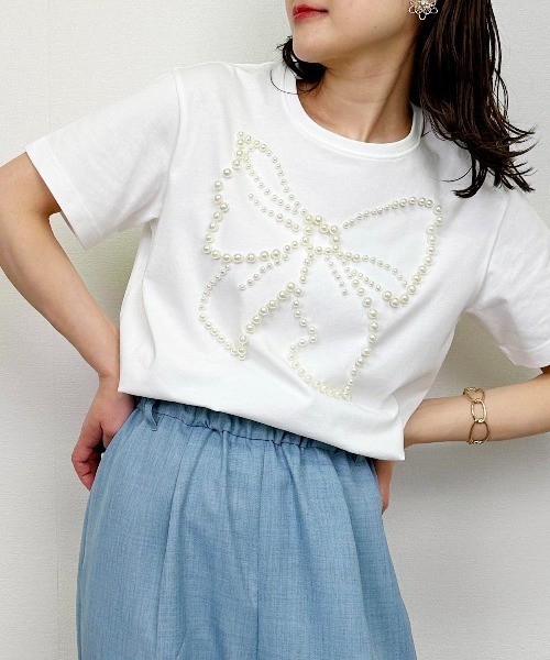 tシャツ リボンパールカットソー レディース
