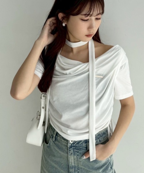 tシャツ tulle off shoulder top レディース Blue Off-Shoulder Tulle Top - Zena Presley