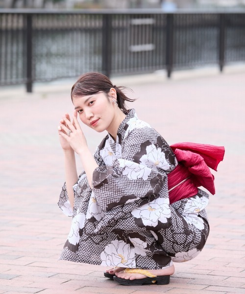 綿麻ゆかた　きもの兼用柄　トールサイズ　裄70cm slattgir 浴衣 高身長 花柄浴衣セット（ゆかた＋へこ帯