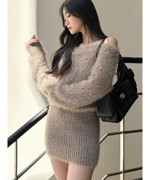 GYDA ワンピース オフショルデザインシャギーニットワンピース