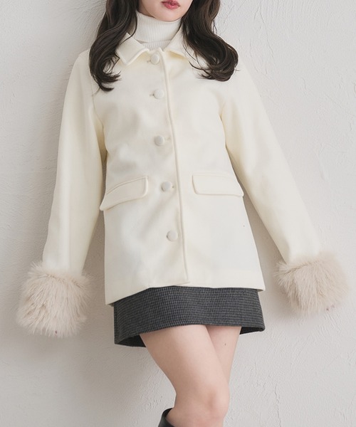 CYRILLUS お洒落 バイカラー袖口 ポリエステル ファーコート M fupel ステンカラーコート コート fur sleeve Mid stand collar coat