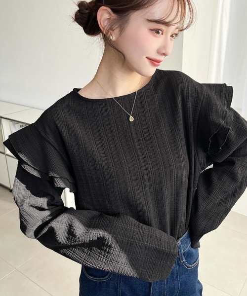 moment+ tシャツ ブロックジャガード袖フリルロングTシャツ レディース