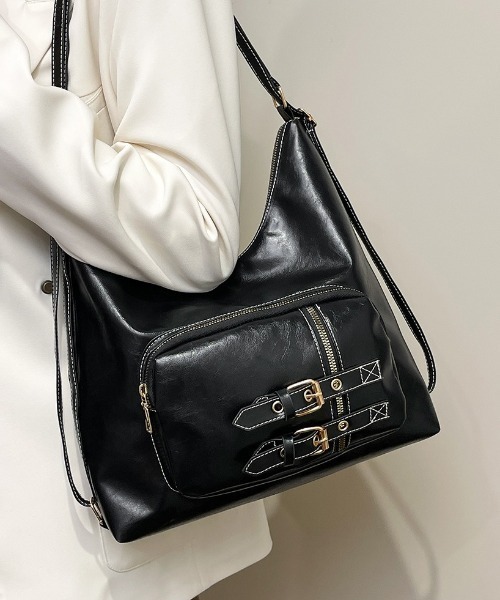 LESS レザー 3way トートリュック ブラック ショルダーバッグ 正方形の3wayバッグ。トート.ショルダー.リュック。レスデザイン -Less