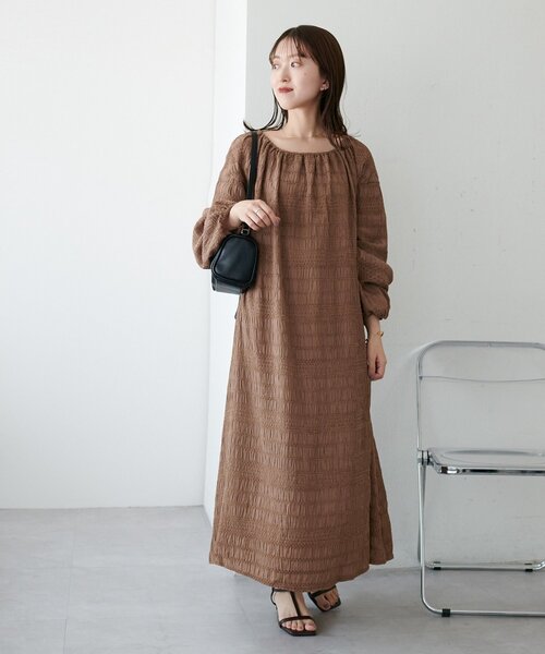 ELENDEEK　手洗いOK♪ジャガードギャザーマキシ丈ワンピース Discoat（ディスコート） ワンピース 「Noka」生地ジャガード2WAY