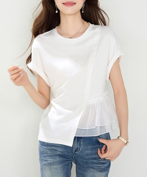 tシャツ 半袖 ペプラム切り替えアシメ半袖カットソー レディース 