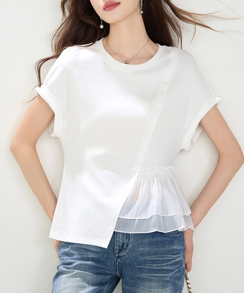 tシャツ 半袖 ペプラム切り替えアシメ半袖カットソー レディース