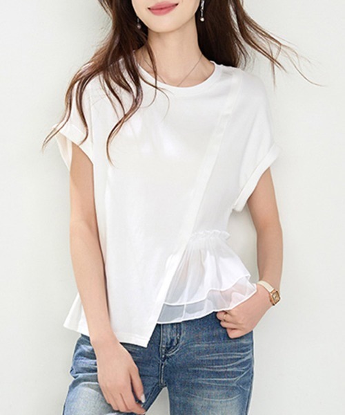 tシャツ 半袖 ペプラム切り替えアシメ半袖カットソー レディース